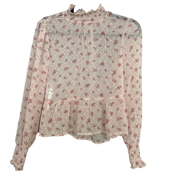 Francesca's Floral Swiss Dot‎ Blouse Ruffle Neck Long Sleeve Top XS - Picture 1 of 10